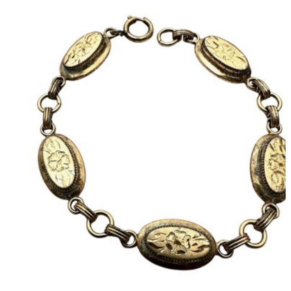 Antique Victorian Gold Filled Bracelet 5 Oval Hand Engraved Floral Panel 7 Inch